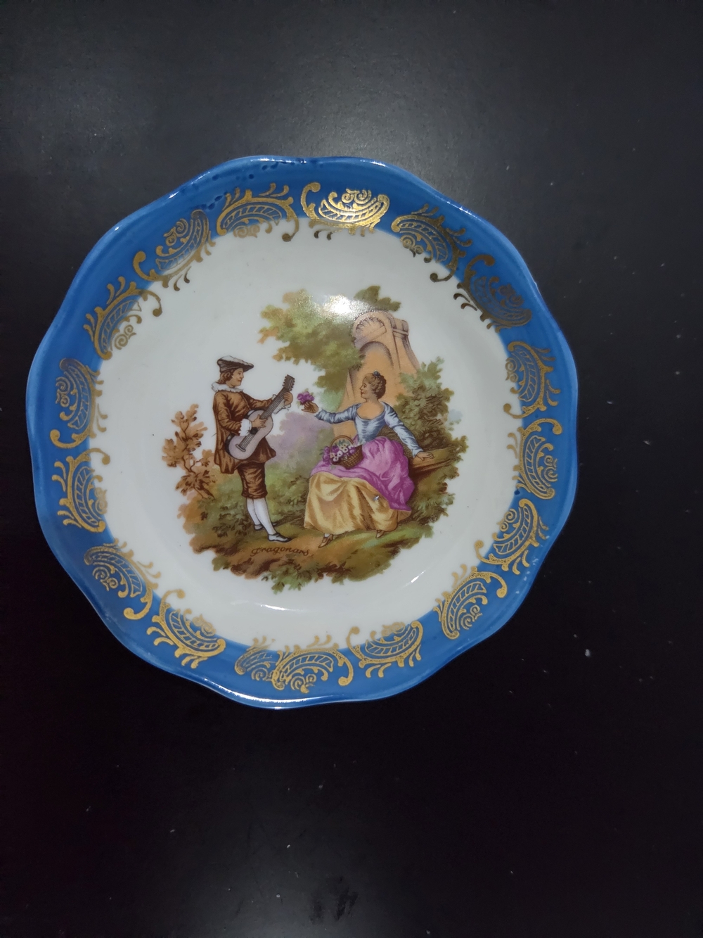 Antique Limoges France Fragonard Porcelain Trinket Dish Blue & Gold Accent 4"